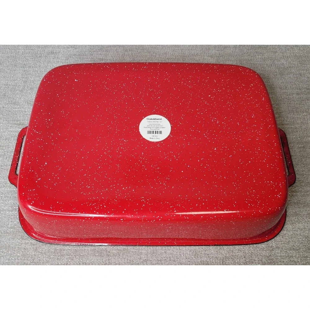Crate and Barrel Tinware Red White Spatter Enamelware 12 1/2